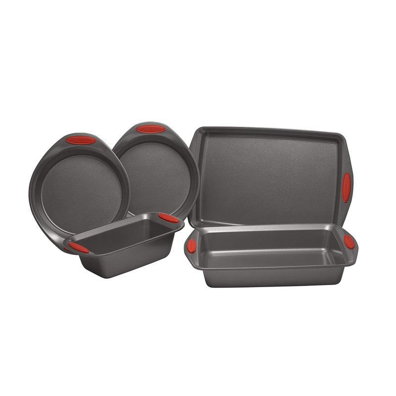Rachael Ray Nonstick Bakeware with Grips includes Nonstick Bread Pan, Baking Pan, Cake Pans and Cookie Sheet / Baking Sheet - 5 Piece, Gray with Red Grips - Image 2